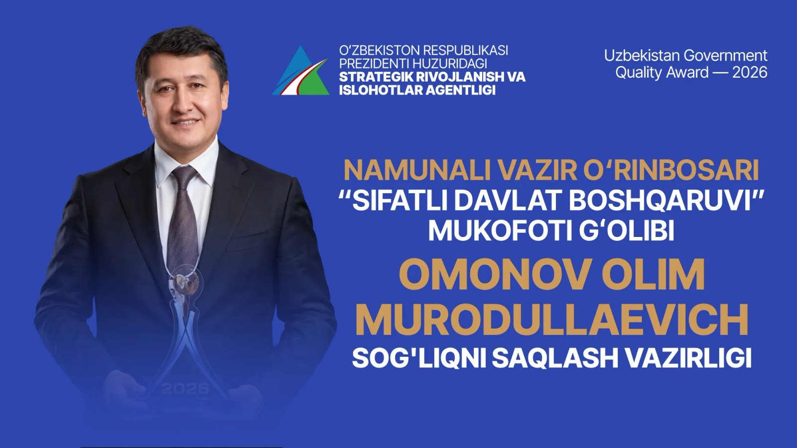 Sog‘liqni saqlash vaziri o‘rinbosari eng namunali deb topildi
